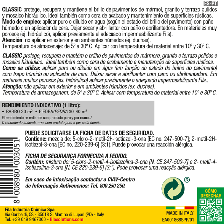Bote Cera líquida para barro, mármol pulido y aglomerados pulidos 1L Fila CLASSIC
