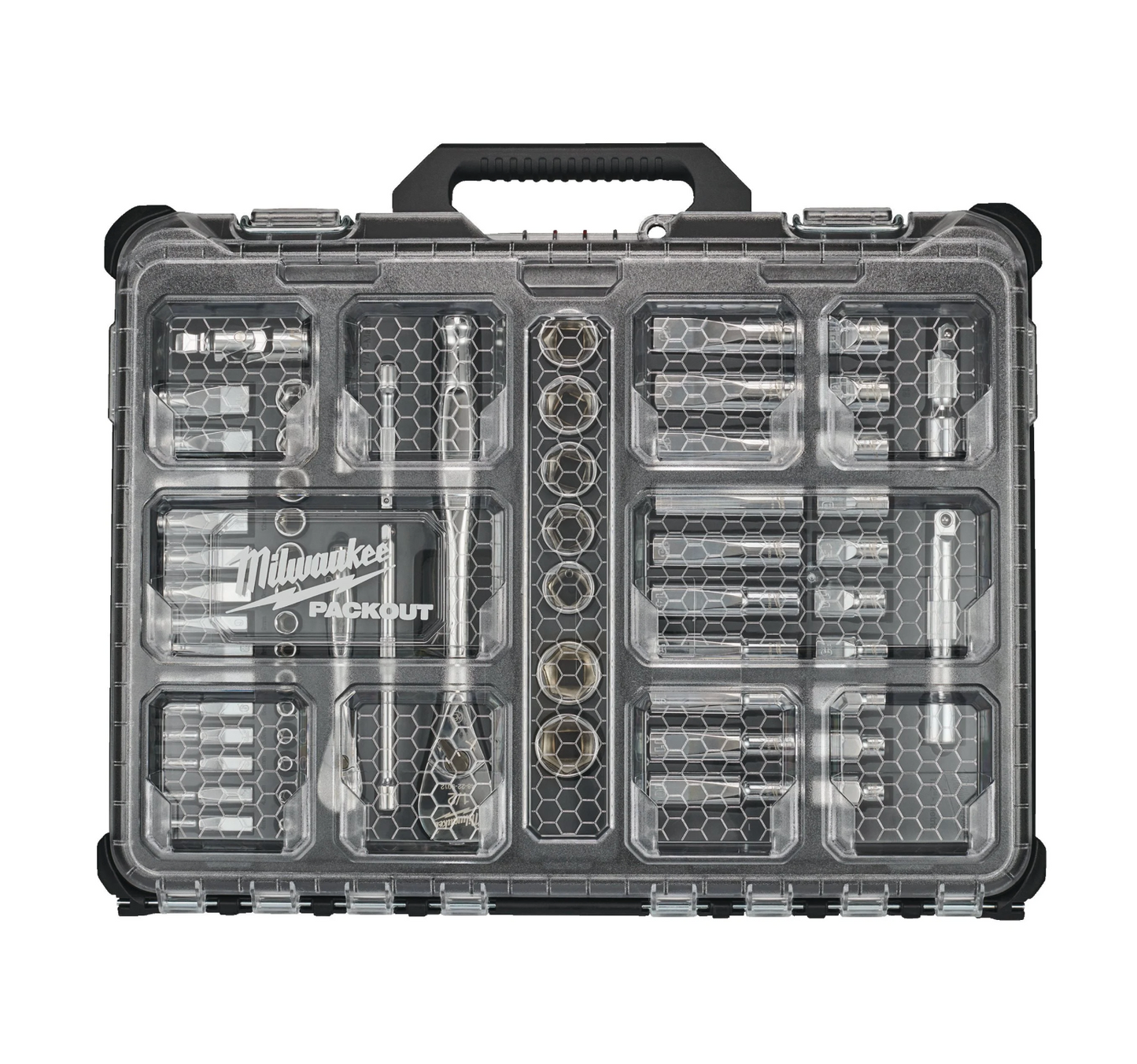 Juego de 63 piezas con vasos y carraca de 1/4" y 1/2" con organizador Slim Compacto Milwaukee