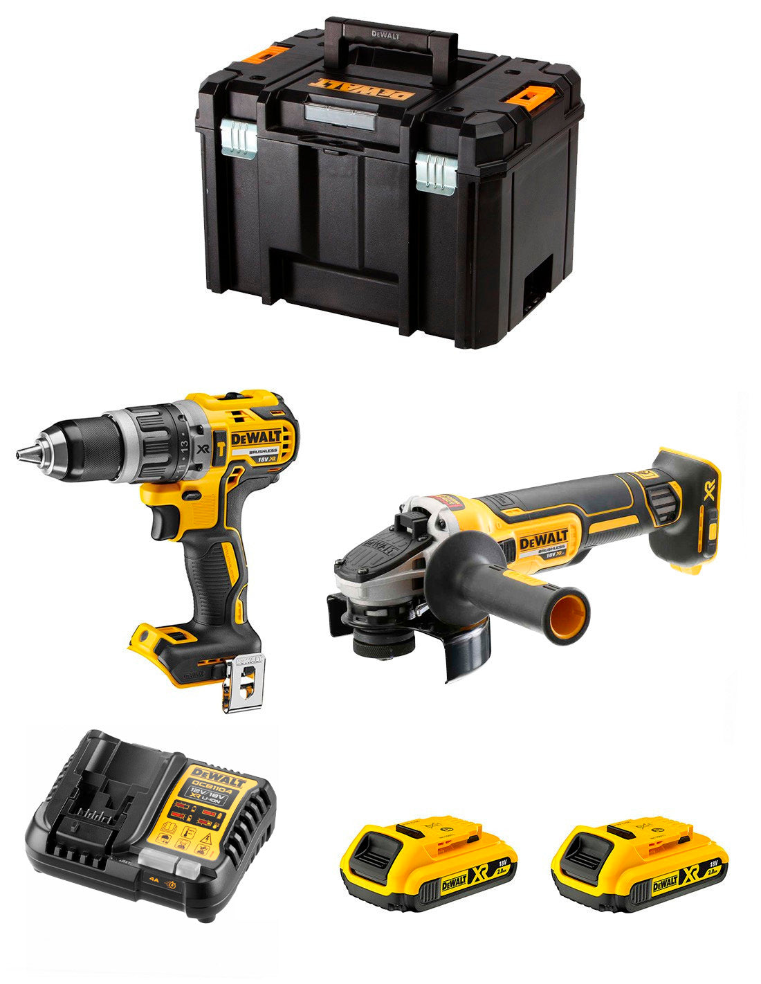 Kit Dewalt Taladro Percutor DCD796 + Mini-amoladora DCG405 + 2bat 2Ah + Cargador + TSTAK VI DCK205D2