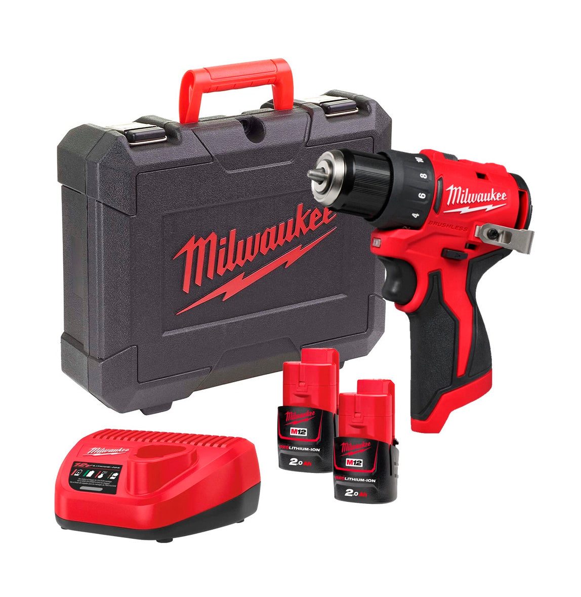 Taladro atornillador + 2bat 2.0Ah + Cargador + Maletín Milwaukee M12 BLDDRC-202C