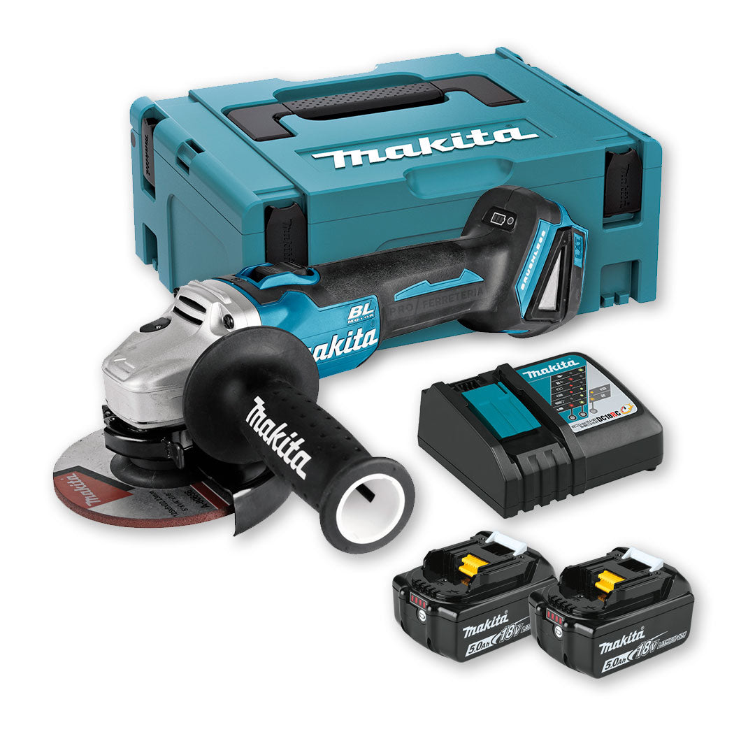 Miniamoladora 18V con 2 baterias 5Ah + Cargador + Maletín Makita DGA504RTJ