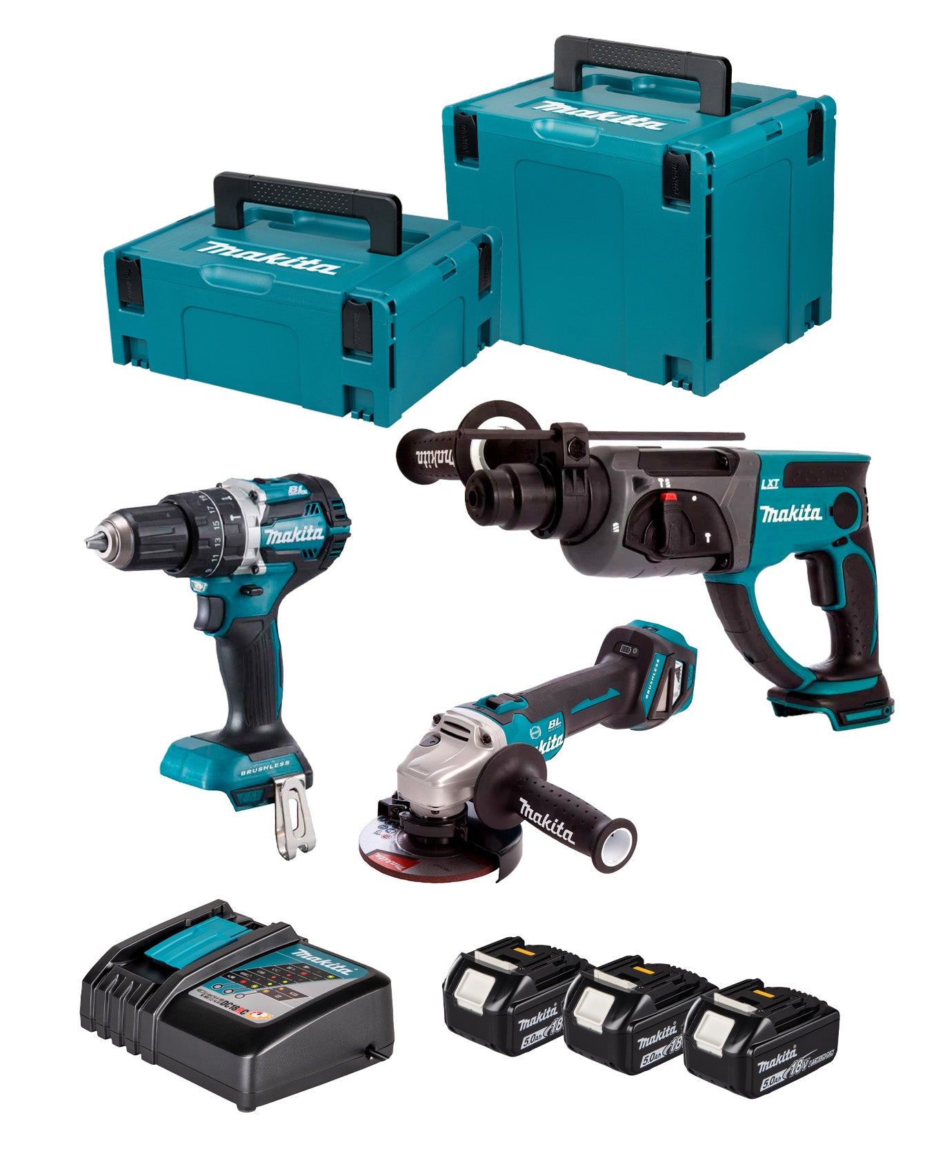Combo 18V Taladro DHP4984 + Amoladora DGA513 + Martillo DHR202 + 3 bat 5Ah + Cargador + Maletines Makita DLX3093TJ